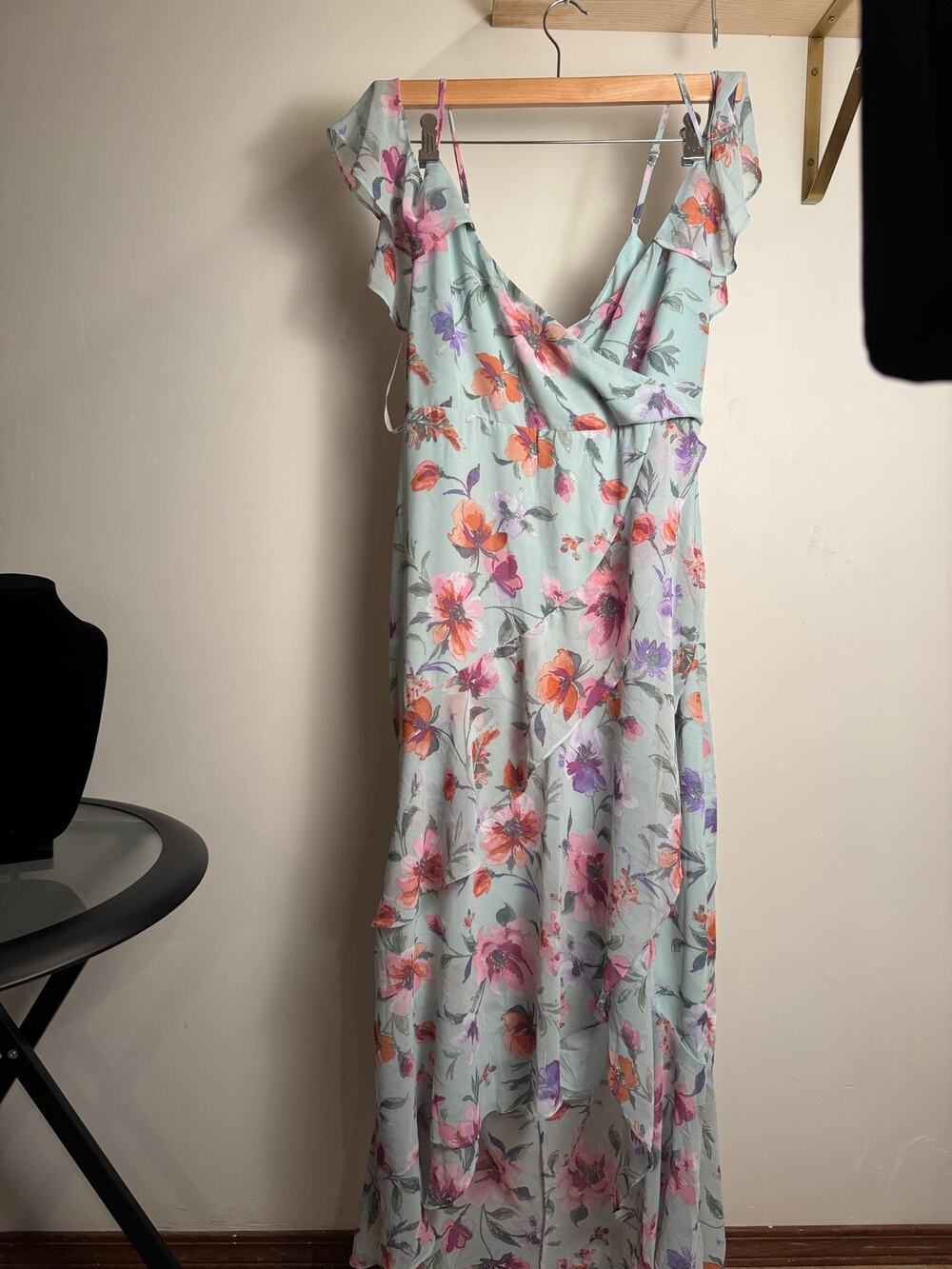 Apricot Flutter Sleeve Floral Faux Wrap Dress In Mint Green